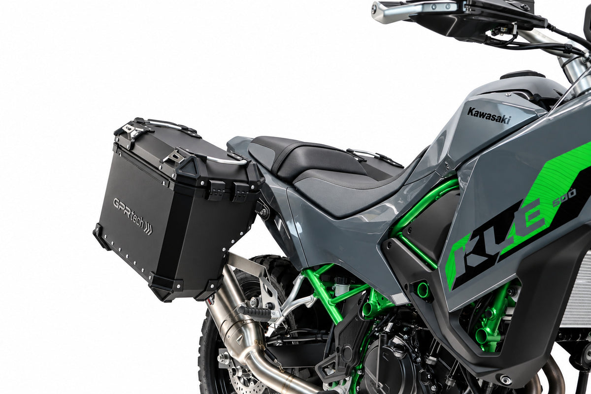 Maletas laterales GPR TECH de 38 + 32 litros, aluminio negro, para Kawasaki KLE 500 2026-2027